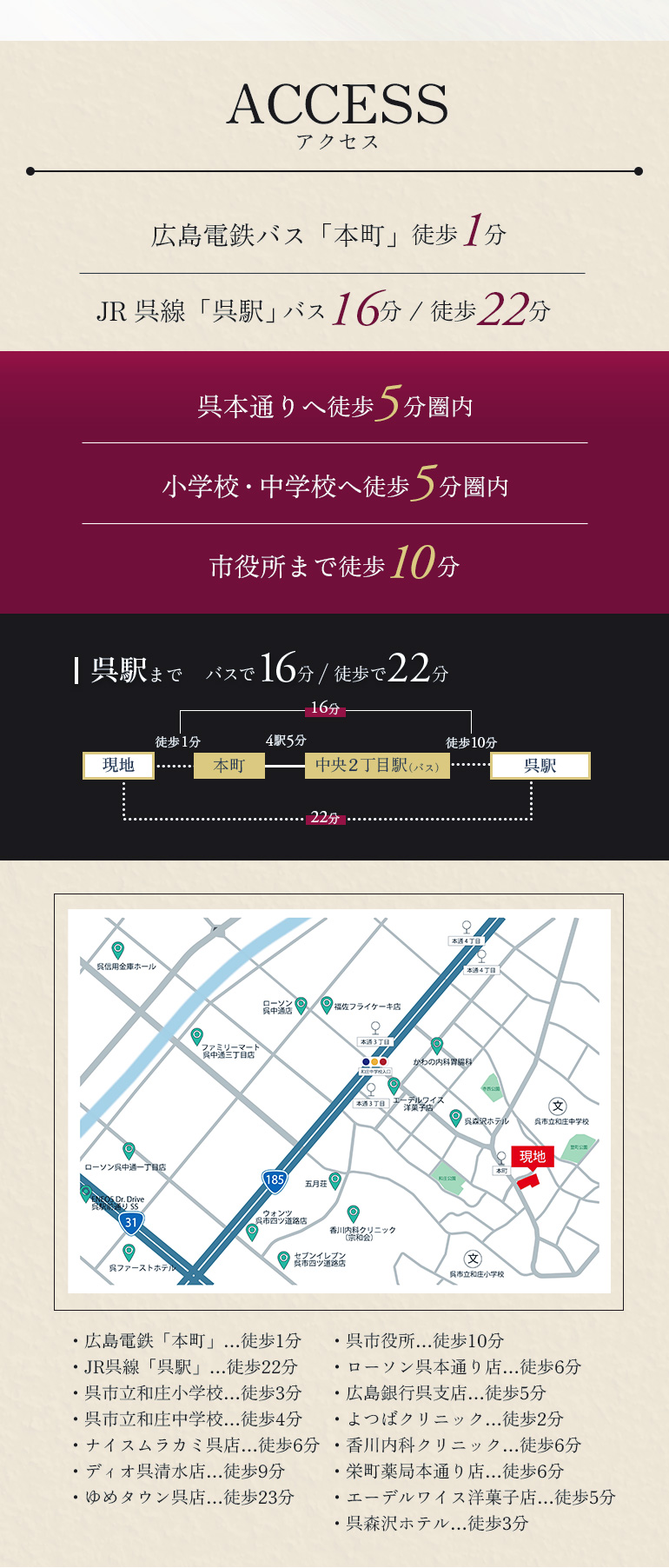 本町駅徒歩1分、呉駅へバス16分や徒歩22分で、市役所や小中学校も徒歩圏内の便利な立地