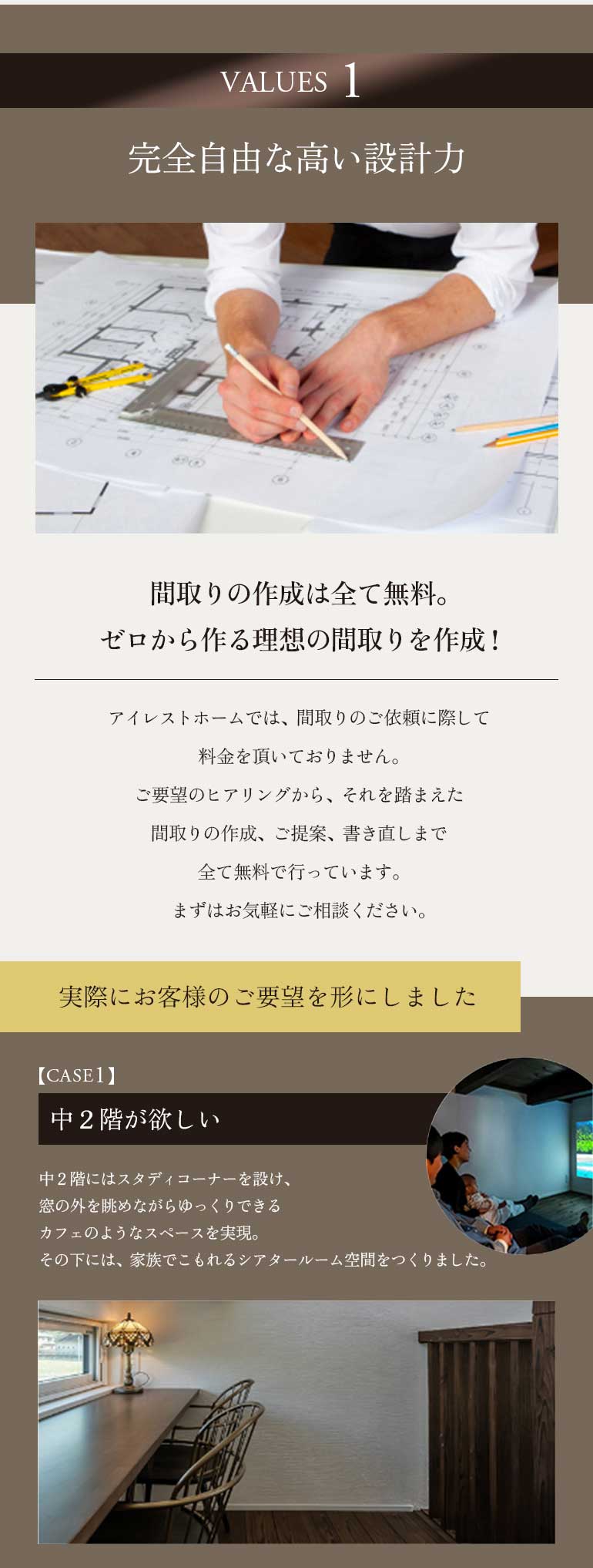完全自由な高い設計力、間取りの作成は全て無料、ゼロから作る理想の間取りを作成。実際にお客様のご要望を形にしました